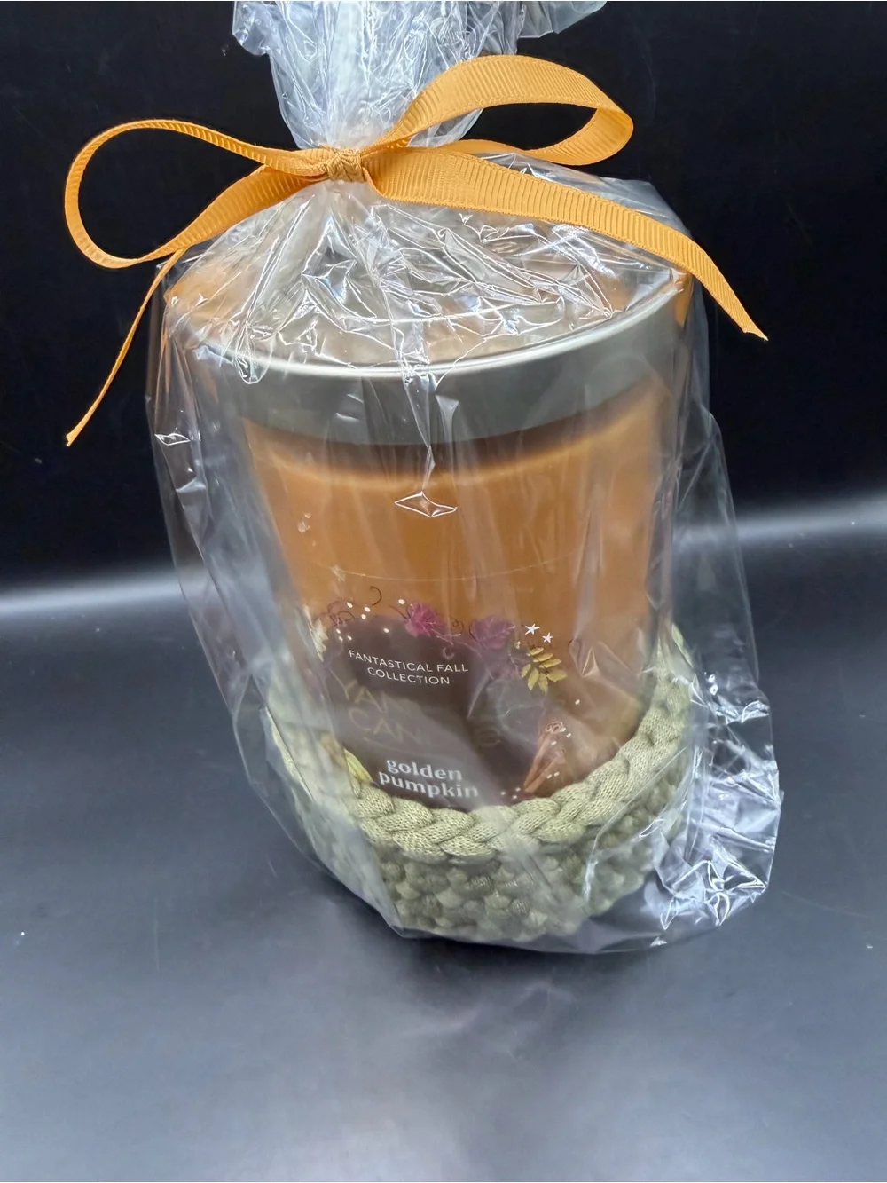 Golden Pumpkin Fall Candle Gift Set with Handmade Crochet Cozy – Ready to Gift